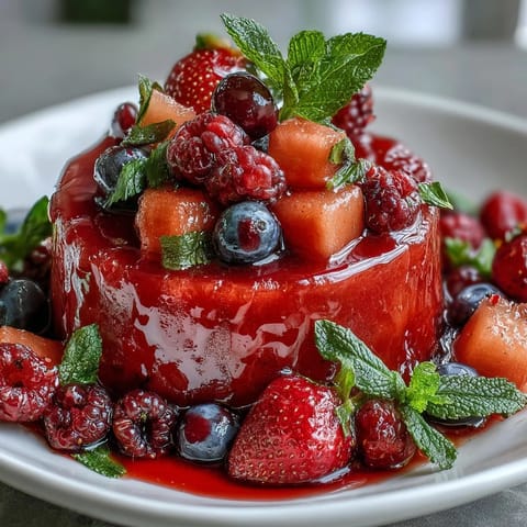 A beautifully carved watermelon filled with fresh berries and mint, perfect for summer parties and gatherings.