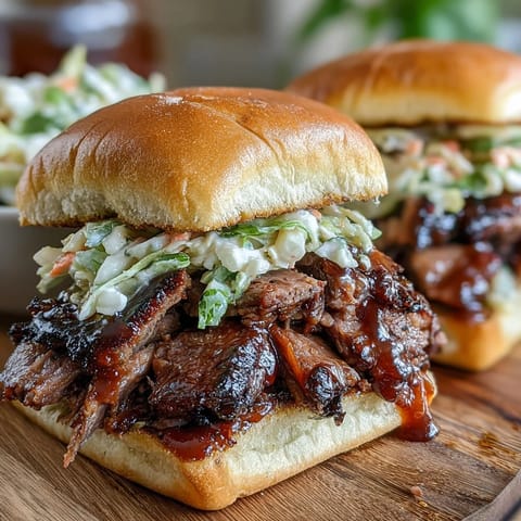 Juicy BBQ brisket sliders with tangy slaw on soft buns, perfect for baby shower parties and sharing with friends.