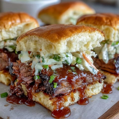 Smoky, tender brisket piled high on slider buns, topped with crunchy coleslaw and drizzled with rich BBQ sauce.