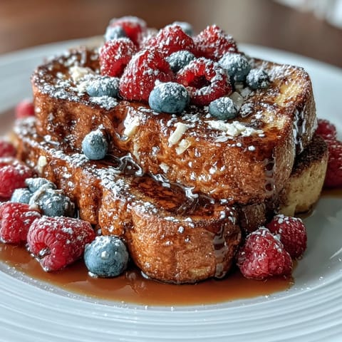 Warm, golden pancake casserole layered with fresh berries and creamy custard, dusted with powdered sugar—ideal for a festive Mothers Day brunch.