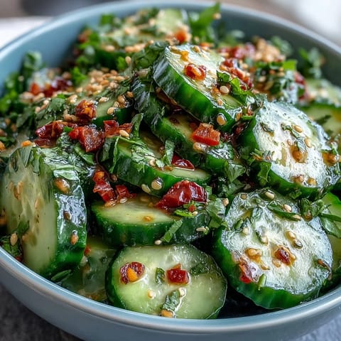 A crisp Asian cucumber salad with sesame and rice vinegar, garnished with sesame seeds and fresh herbs.
