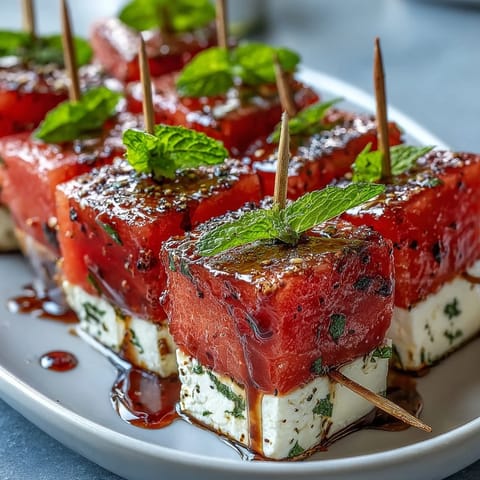 Watermelon Feta Mint Skewers: juicy watermelon, creamy feta, and fresh mint on a stick for a cool summer bite.  