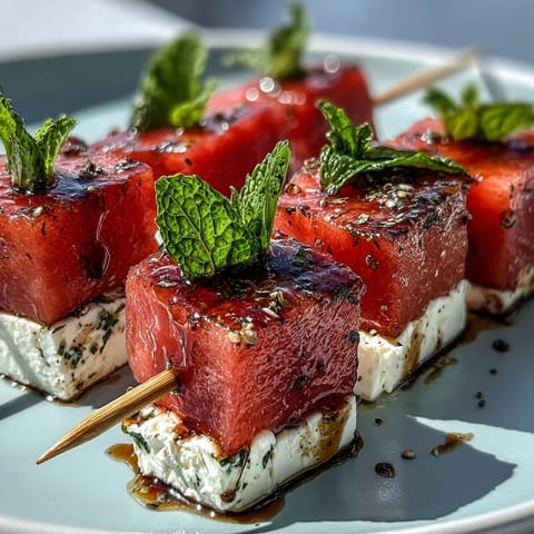 Colorful appetizer skewers with sweet watermelon, salty feta, and aromatic mint leaves, drizzled with olive oil.  