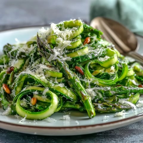 Fresh shaved asparagus salad tossed with lemon and Parmesan, topped with pine nuts for a crisp, Mediterranean-inspired appetizer.