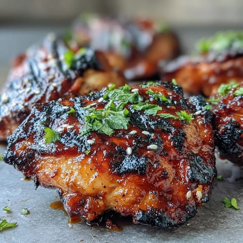 Honey sriracha grilled chicken thighs sizzling on the barbecue, glazed with a sticky, spicy-sweet marinade.