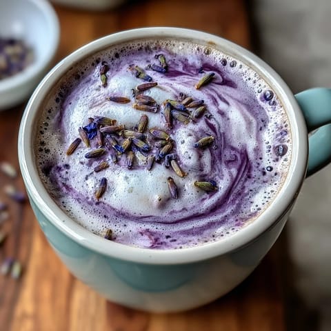 Creamy lavender oat milk latte with delicate floral notes and rich espresso, served in a cozy ceramic mug for a soothing, vegan-friendly treat.
