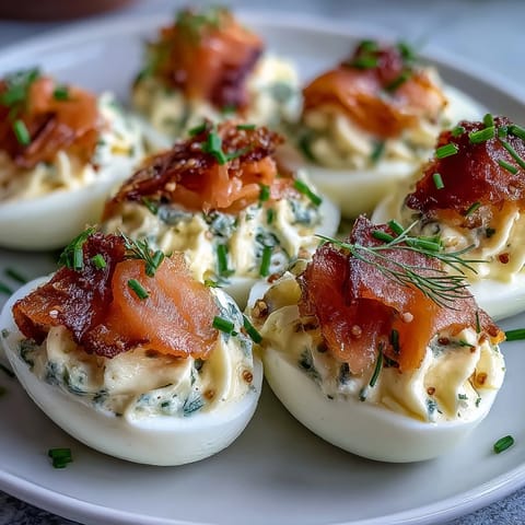 Smoked salmon deviled eggs topped with everything bagel seasoning for a savory, brunch-worthy appetizer.