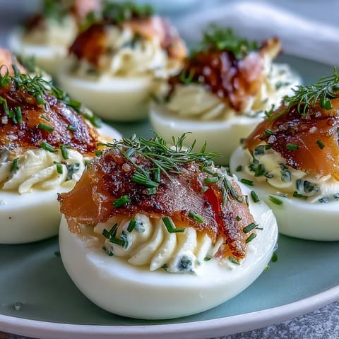 Creamy deviled eggs with smoked salmon and chives, garnished with everything bagel seasoning for bold flavor.
