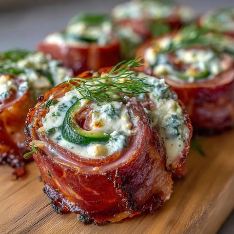 Creamy ham and pickle pinwheels, garnished with fresh dill, perfect for parties.