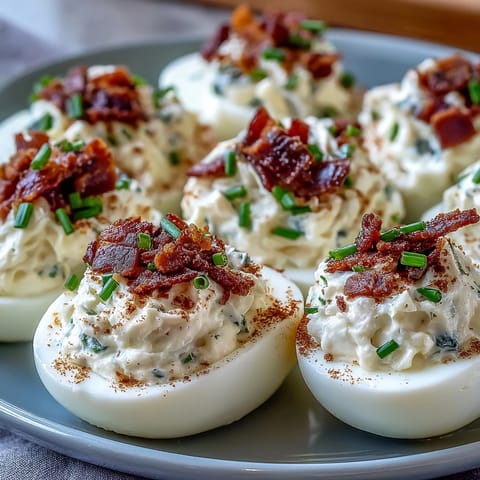 Creamy bacon ranch deviled eggs with crispy bacon crumbles, perfect for Easter brunch or parties.