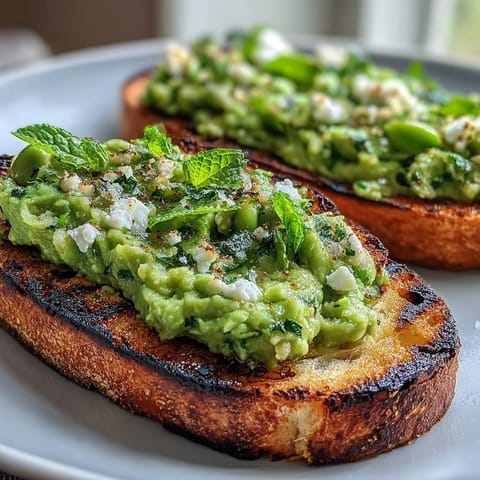 Smoky grilled sourdough bread topped with vibrant fava bean and mint spread.