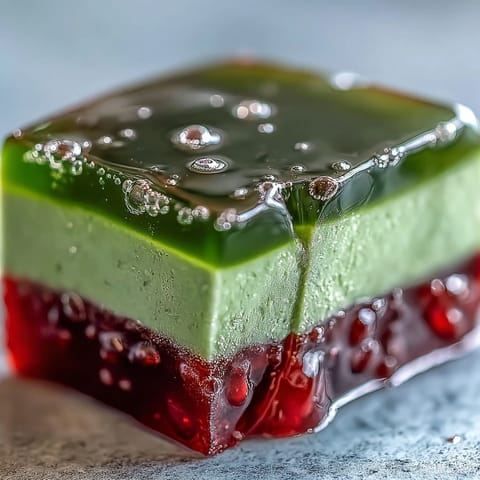 Golden brown yokan topped with vibrant green matcha, ready to chill.