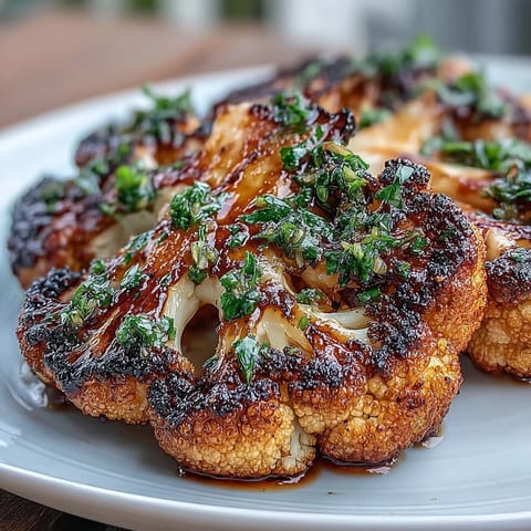 Charred BBQ Cauliflower Steaks recipe, glistening with a zesty herb topping.