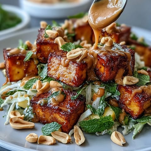 Bright Thai Mango Salad with golden crispy tofu and bright peanut sauce.