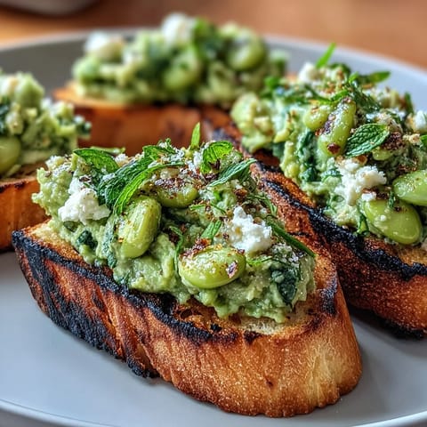 Bright fava bean and mint bruschetta piled high on grilled sourdough.