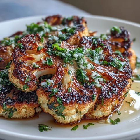 Smoky BBQ Cauliflower Steaks topped with vibrant, fresh chimichurri sauce.