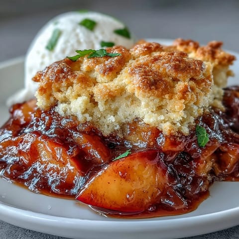 Juicy peaches beneath fluffy biscuits, baked to bubbly perfection in this cobbler.