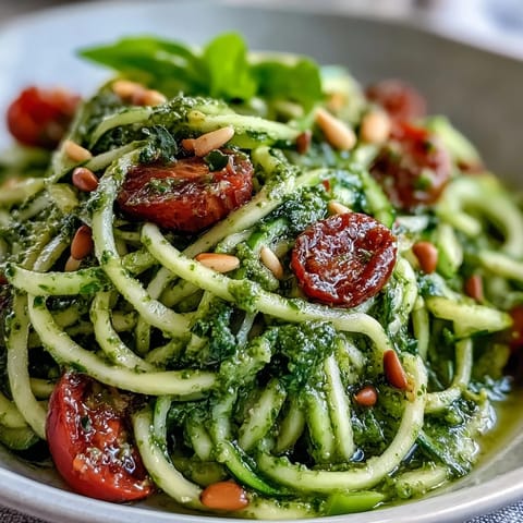 A colorful bowl of Zucchini Noodles with Avocado Pesto, perfect for healthy eating.