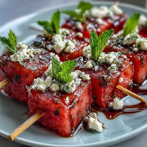 Juicy watermelon feta bites, bursting with mint and creamy cheese, perfect party appetizers.