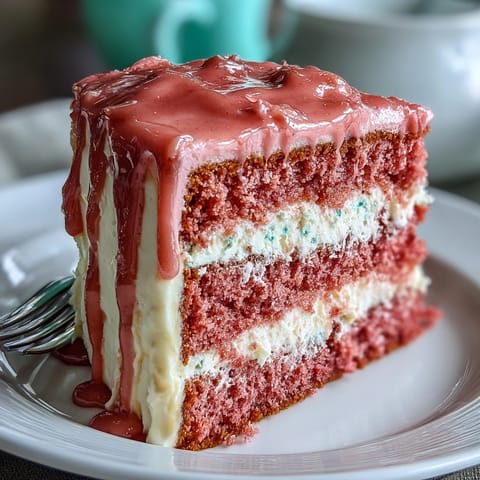Luscious Rosé Velvet Cake featuring decadent cream cheese frosting and shimmering gold accent.