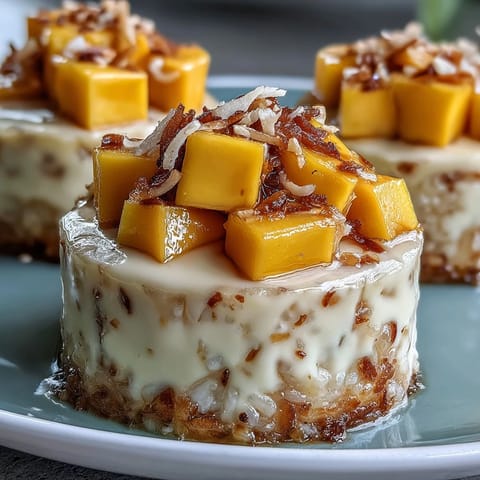 Sweet coconut mango sticky rice cups piled high with fresh golden fruit.