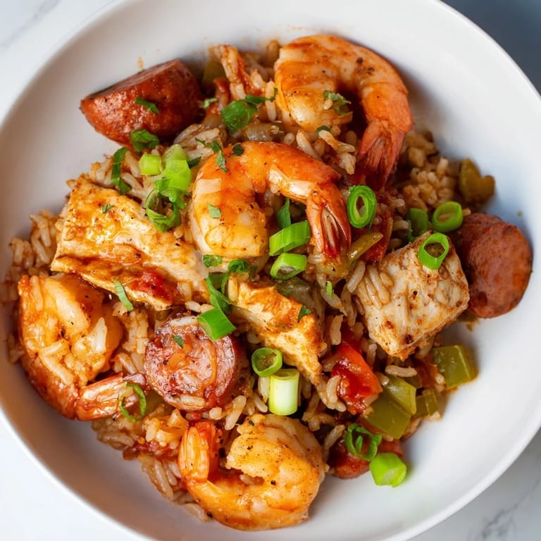 Close-up of a flavorful Jambalaya filled with chicken, rice, vegetables, and savory spices.