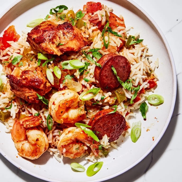 Hearty Jambalaya, brimming with tender shrimp and sausage, ready to serve with fresh herbs.