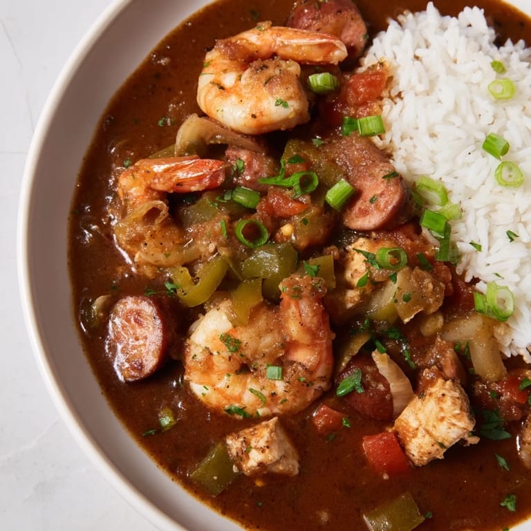 Rich, dark gumbo with tender chicken and vegetables, perfect for a cozy Southern supper.