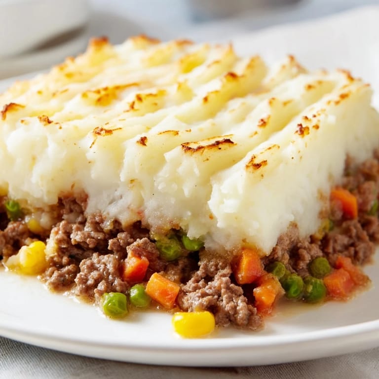 A close-up of a bubbling Shepherd's Pie showing the texture of the potato topping and meat filling.