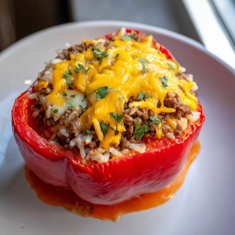 A close-up of cheesy Stuffed Bell Peppers revealing a delicious, comforting homemade meal.