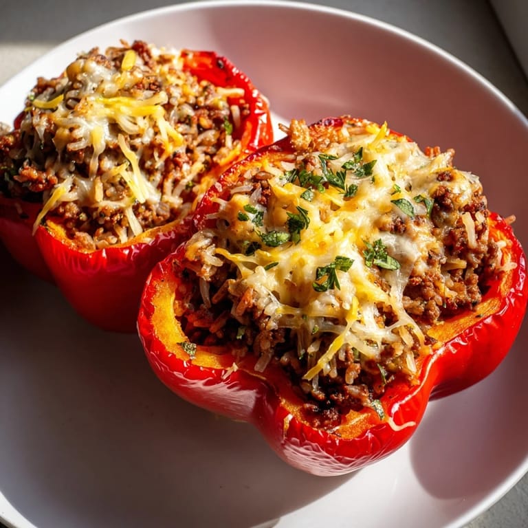 Freshly baked, vibrant Stuffed Bell Peppers are topped with melted cheese, promising a flavorful bite.