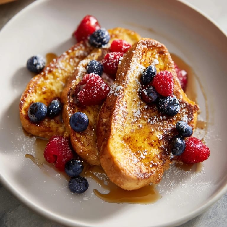 Delicious French toast slices, cooked to perfection and ready to be topped with fresh berries.
