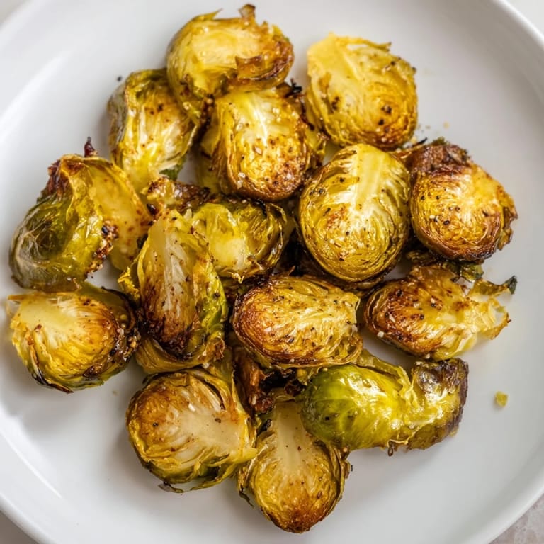 Hot, roasted Brussels sprout halves, glistening with olive oil, showing off a nutty, delicious flavor.