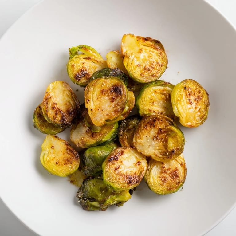 A close-up of beautifully browned Roasted Brussels Sprouts, ready to serve with a sprinkle of seasoning.