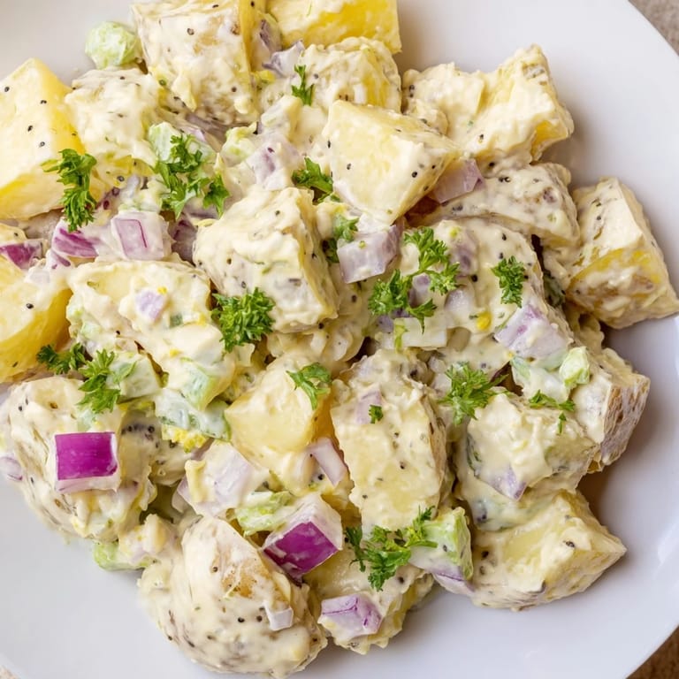 A vibrant bowl of fresh potato salad, featuring tender potatoes, celery, and a tangy dressing.