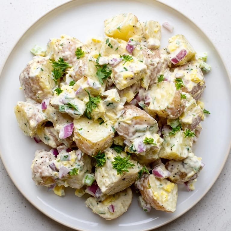 Close-up of homemade potato salad with visible potatoes and a creamy mayonnaise coating.