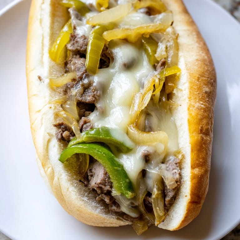 A delicious, close-up view of a classic Philly Cheesesteak, packed with savory flavors and onions.