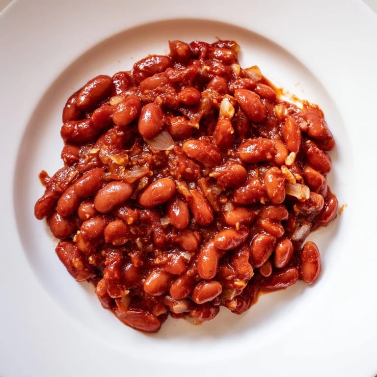 Close-up of bubbling baked beans, invitingly rich with molasses, perfect for breakfast.