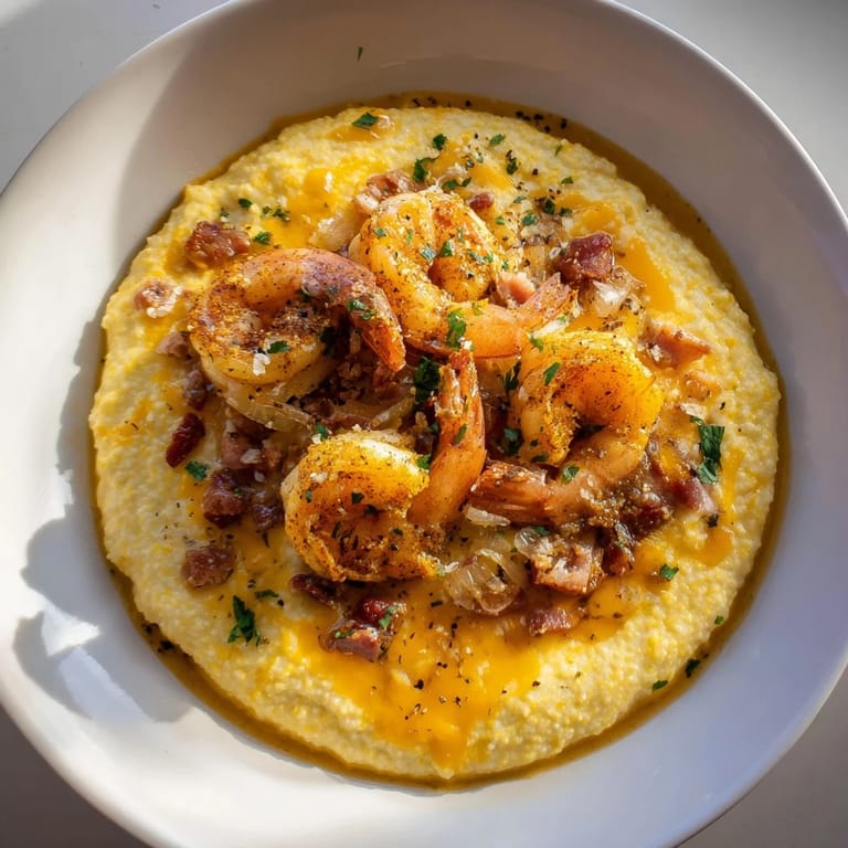 A close-up of Shrimp and Grits, showing plump shrimp in a savory sauce on a bed of creamy grits.