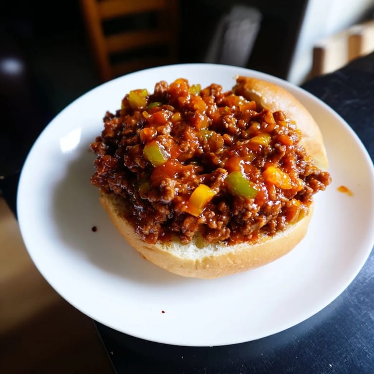 A close-up of savory Sloppy Joes piled high, the rich tomato sauce glistening temptingly on the beef.