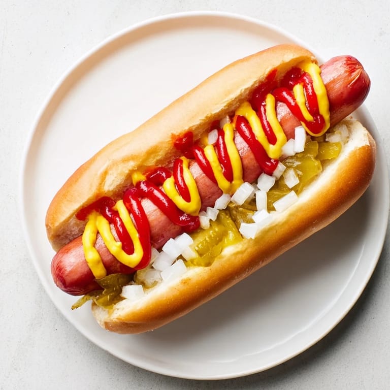 Close-up of a fully loaded hot dog, showing relish, mustard, and tasty American flavors.