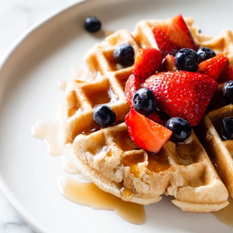 Crisp and fluffy waffles, a delicious brunch option, piled high with fresh berries and cream.
