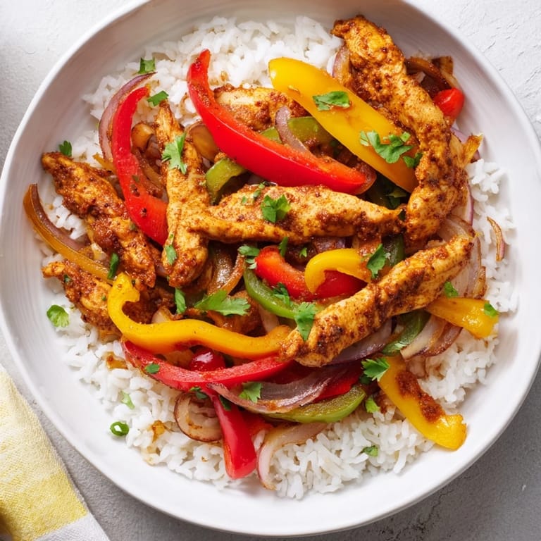 This hearty chicken fajita bowl features juicy chicken, fresh veggies, and your choice of toppings for a satisfying meal.