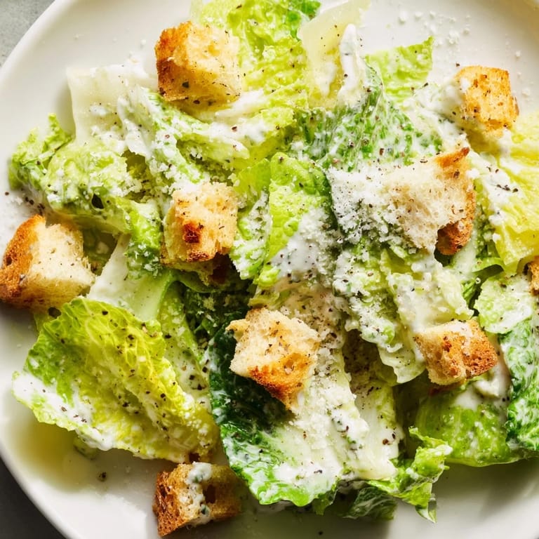 A close-up of a vibrant Caesar salad, showcasing the texture of fresh ingredients and creamy sauce.