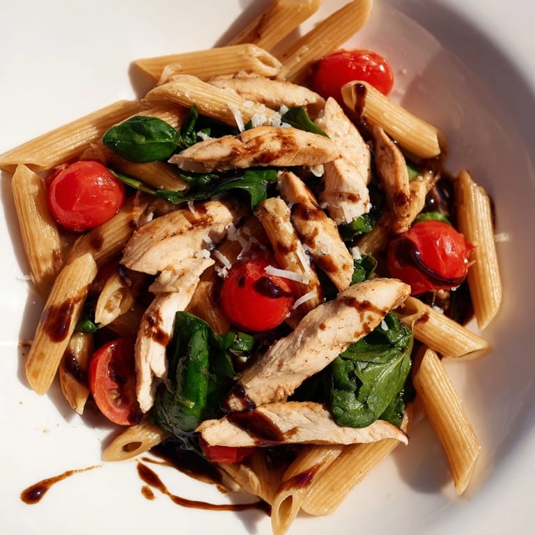 Colorful skillet of balsamic glazed chicken pasta with sautéed garlic, tomatoes, and spinach ready to be served.