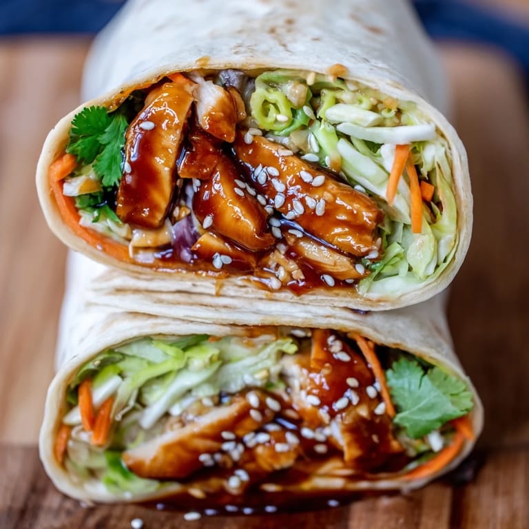 Tender glazed chicken, shredded cabbage, and carrots fill a flour tortilla, creating a delicious teriyaki chicken wrap perfect for lunch.