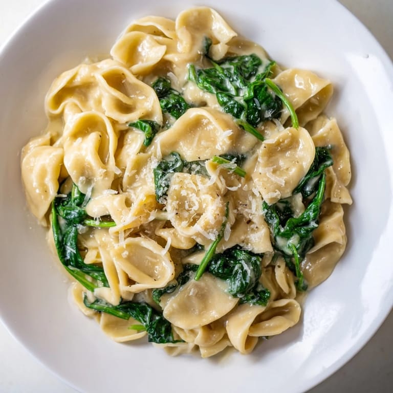 Creamy spinach garlic noodles served steaming in a rustic white bowl, garnished with extra Parmesan and a pinch of red pepper flakes, alongside a crisp green salad for a balanced vegetarian dinner.  
