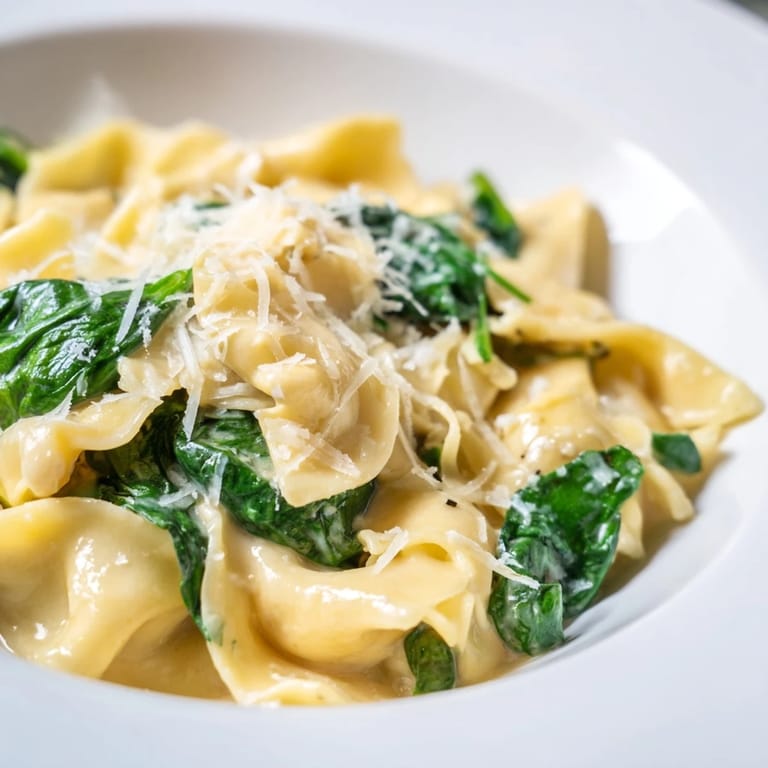 A close-up of creamy spinach garlic noodles in a skillet, highlighting glossy, rich sauce clinging to wide egg noodles with flecks of fresh baby spinach and minced garlic for an aromatic, satisfying dish.