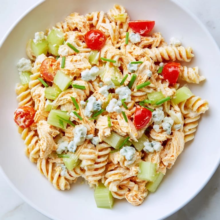 Cold Buffalo Chicken Pasta Salad with tender buffalo chicken, crunchy veggies, and a drizzle of ranch dressing, ideal for an easy, satisfying meal.