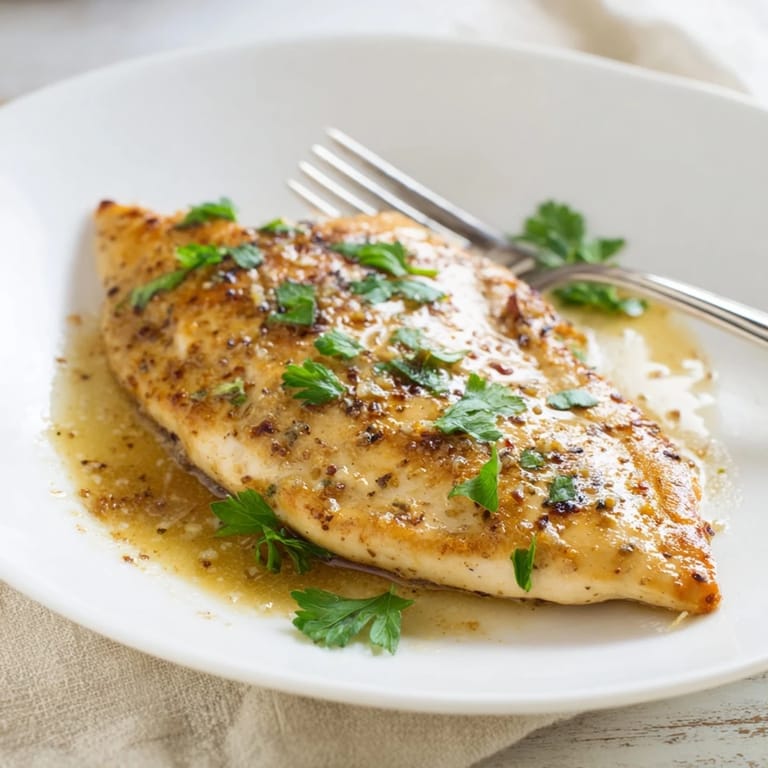 A close-up view of pan-seared Lemon Pepper Chicken, featuring a vibrant lemon-pepper butter sauce drizzled over juicy slices.